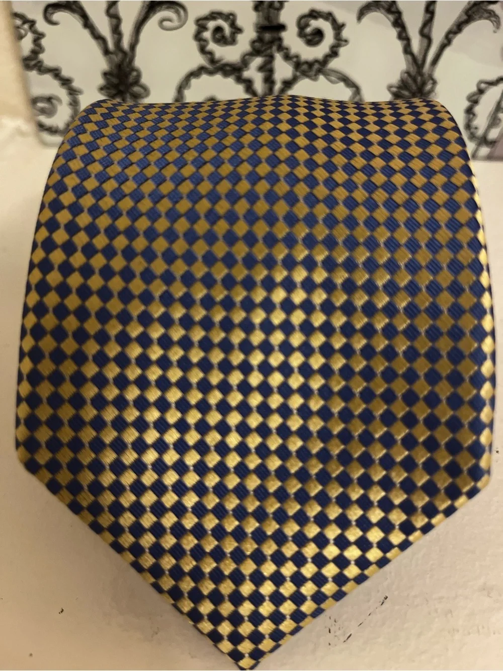 Michael Kors Men's Silk Tie Gold Blue Checkered 100% Silk